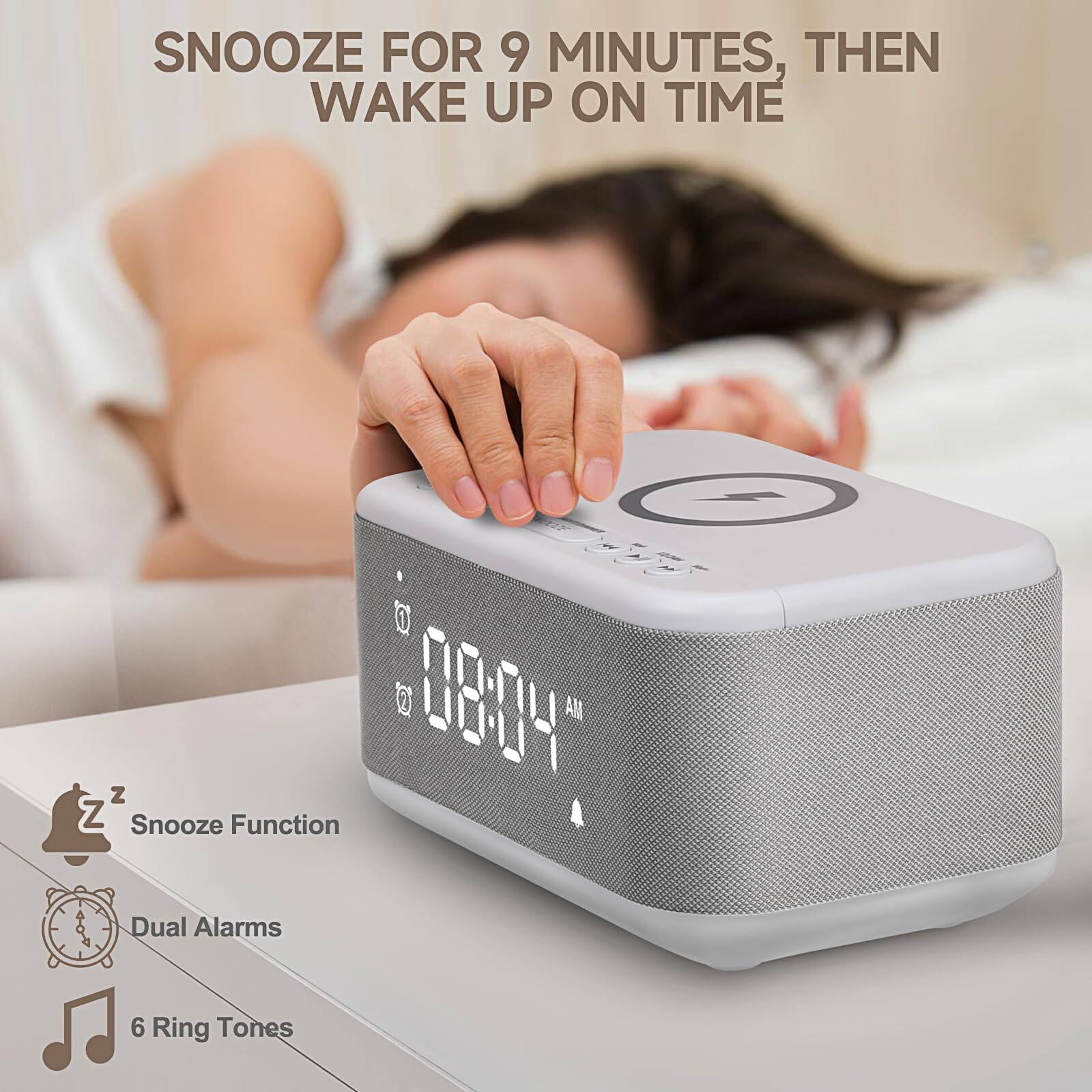 SNOOZE FOR 9 MINUTES, THEN WAKE UP ON TIME

Snooze Function  
Dual Alarms  
6 Ring Tones