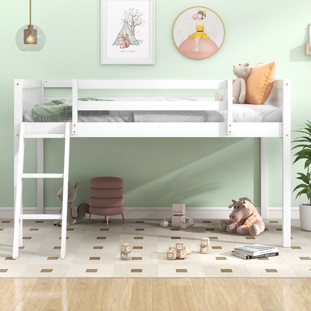 Left. Loheer - Loheer Twin Low Loft Bed Wood Loft Bed with Ladder White - White.