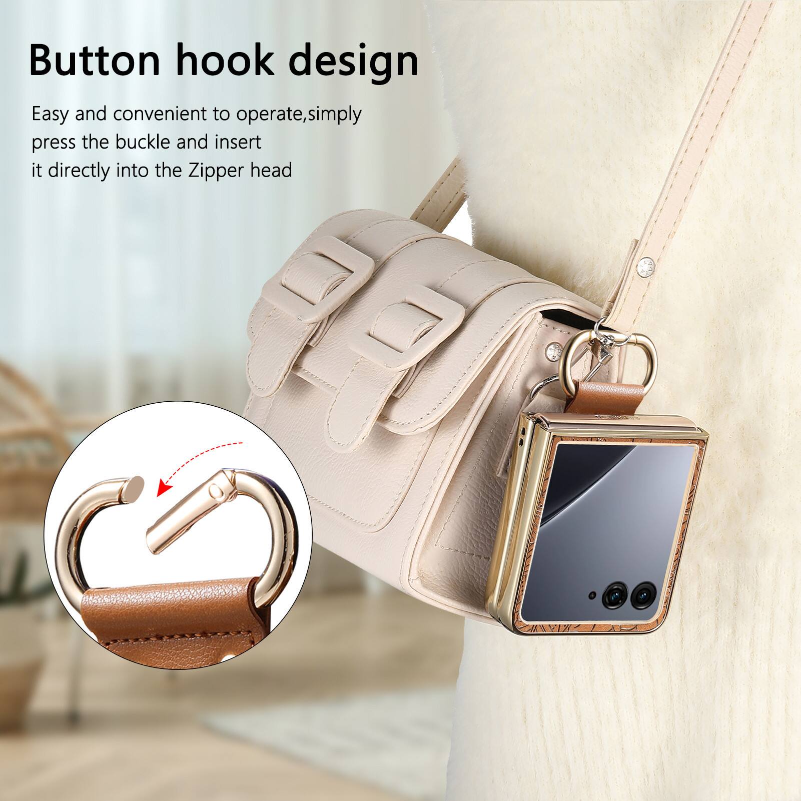 Button hook design  
Easy and convenient to operate, simply press the buckle and insert it directly into the Zipper head