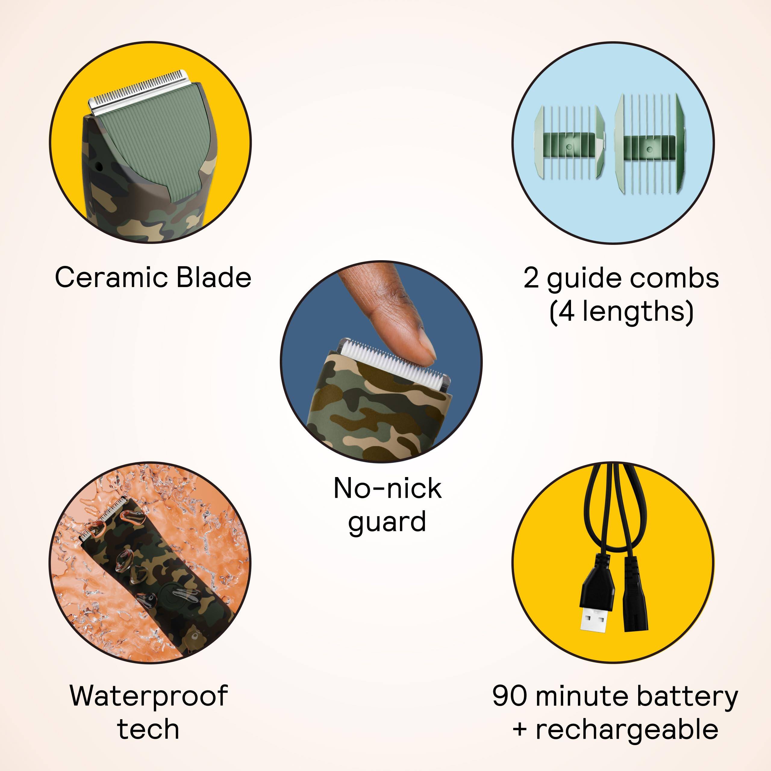 Ceramic Blade  
2 guide combs (4 lengths)  
No-nick guard  
Waterproof tech  
90 minute battery + rechargeable