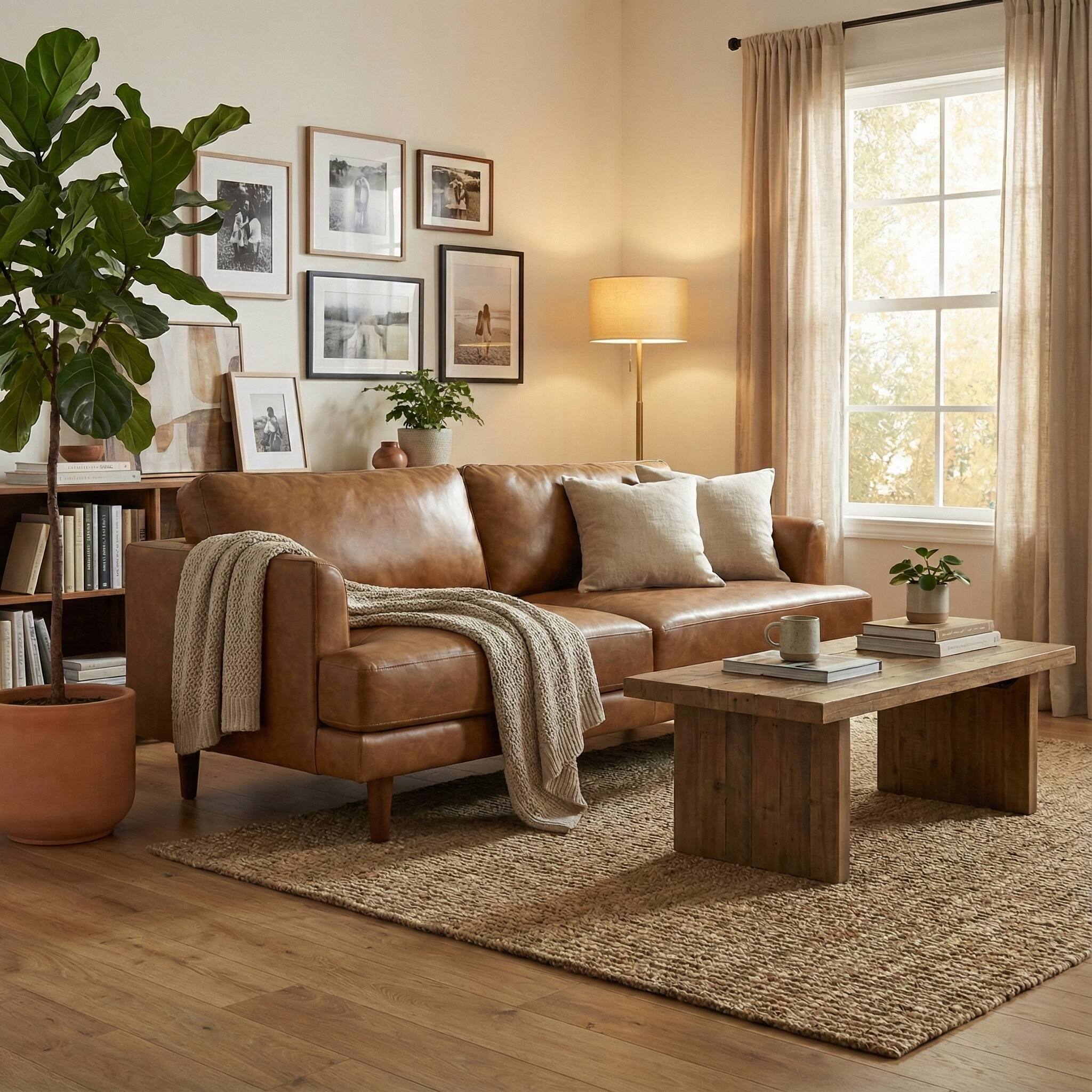 Angle. Simpli Home - Livingston 76 inch Wide Mid-Century Modern Sofa in Caramel Brown Top Grain Genuine Leather - Caramel Brown.