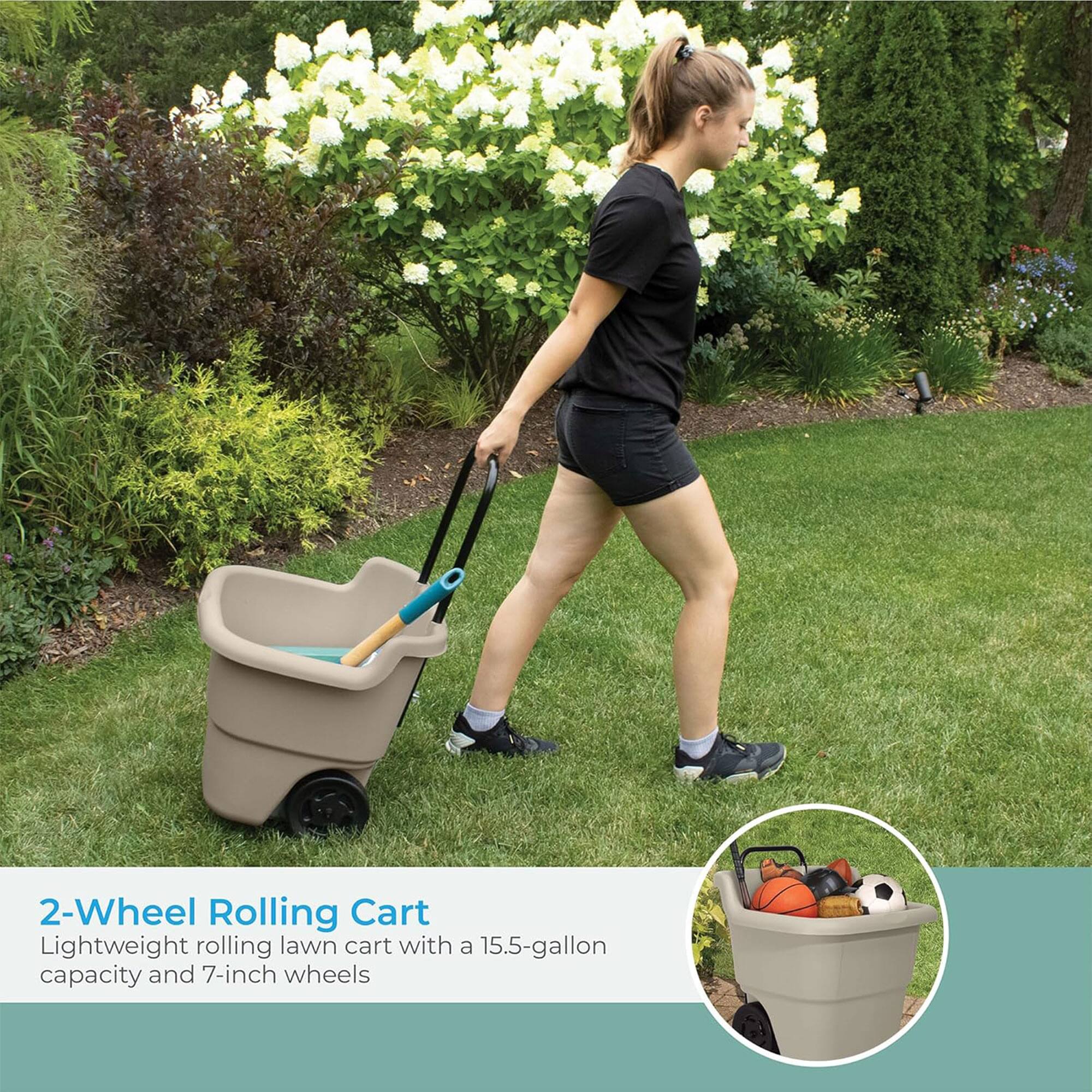 2-Wheel Rolling Cart  
Lightweight rolling lawn cart with a 15.5-gallon capacity and 7-inch wheels