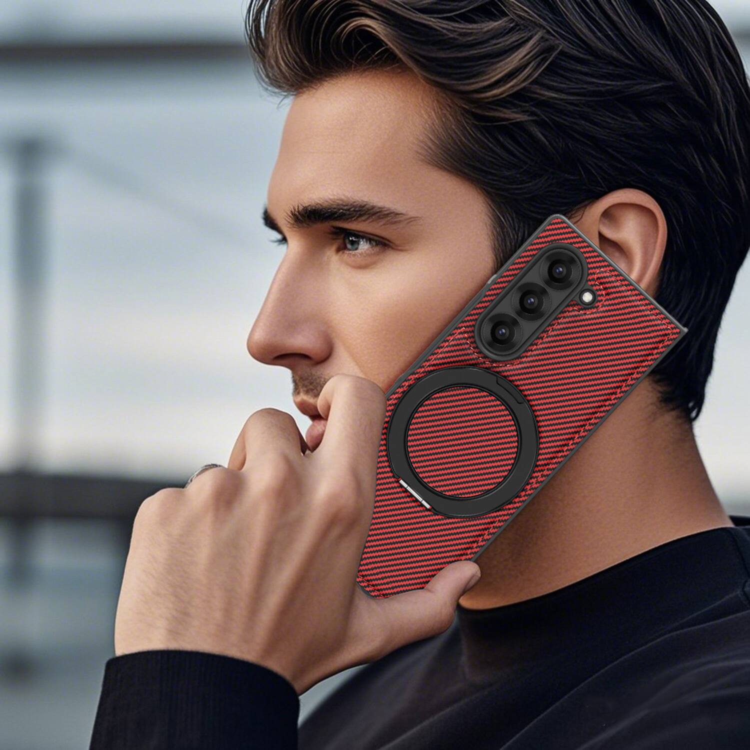 Alt View 3. Dteck - Magnetic Case for Samsung Galaxy Z Fold6,Shockproof Hard PC Back Cover,Rugged Phone Cover with Rotatable Metal Kickstand - Red.