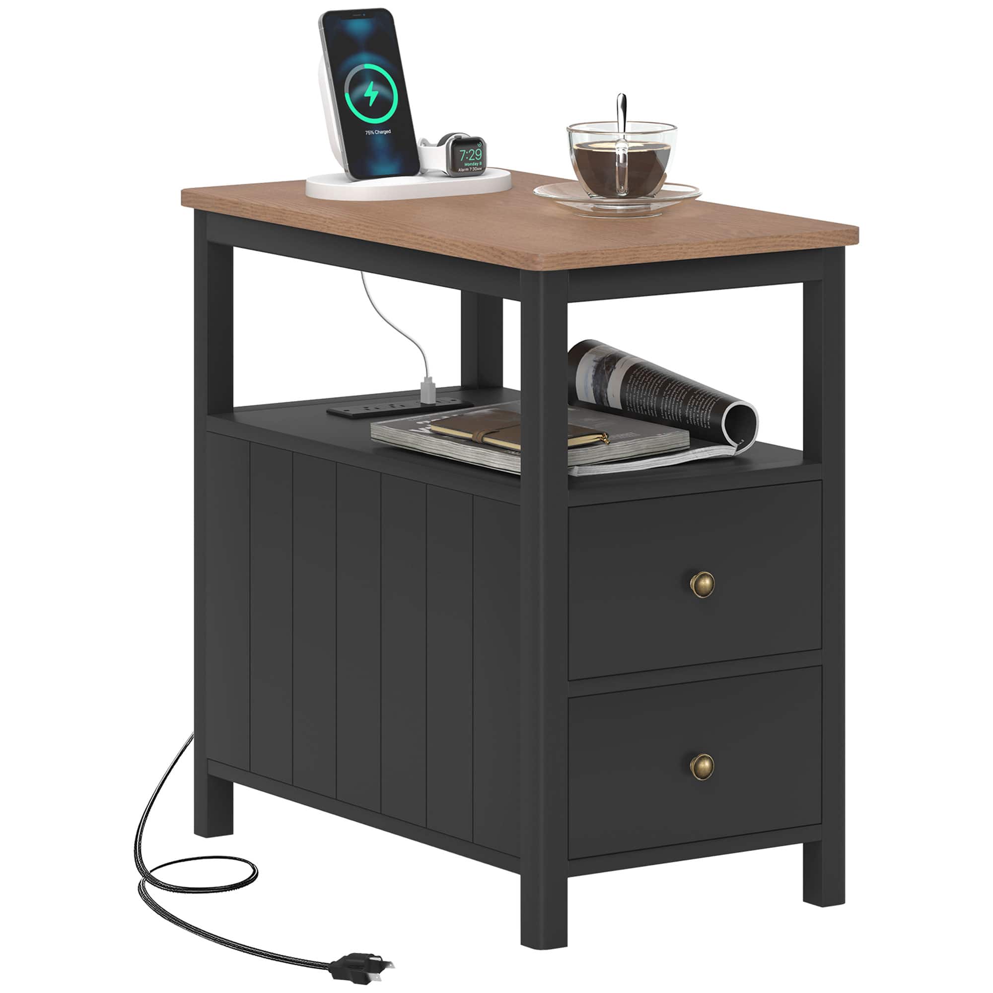 Front. Homcom - Modern End Table with Charging Station and USB Ports, Narrow Side Table with Drawers & Shelf for Living Room - Black.