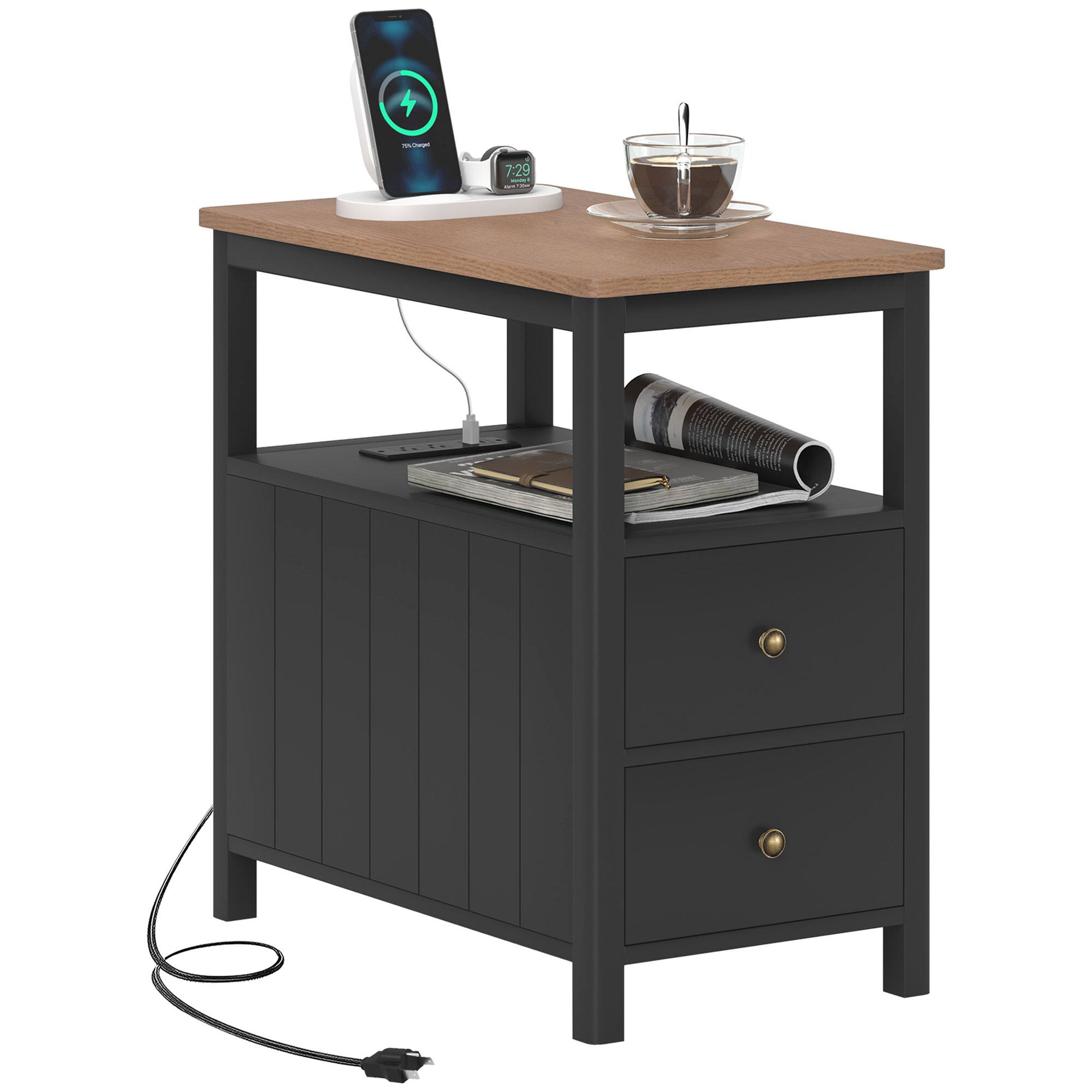 Front. Homcom - Modern End Table with Charging Station and USB Ports, Narrow Side Table with Drawers & Shelf for Living Room - Black.