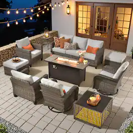 Ovios - 10 PCS Patio Furniture Conversation Sofa Set with Swivel Chair, Coffee Table & 54" Fire Pit Table - Gray