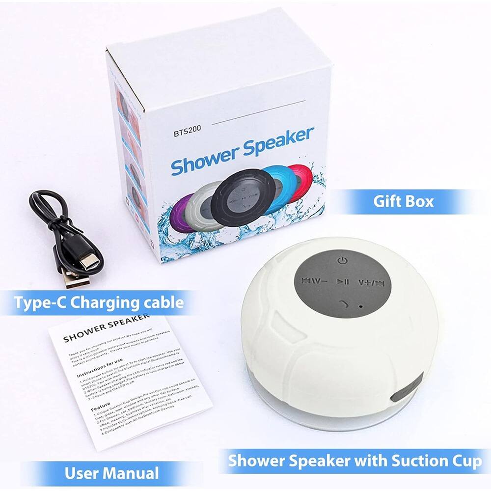 Sure, here is the corrected and grouped text from the image:

---

**BTS200 Shower Speaker**

**Gift Box**

**Type-C Charging cable**

**User Manual**

**Shower Speaker with Suction Cup**

---

**Instructions for use**

**Feature**

---

**BTS200**

**Shower Speaker**

**Gift Box**

**Type-C Charging cable**

**User Manual**

**Shower Speaker with Suction Cup**