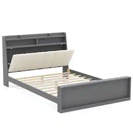 LUCKY ONE - Full Assembled Platform Bed Frame with Storage Headboard 100° Recline Linen Upholstered - Grey + Beige