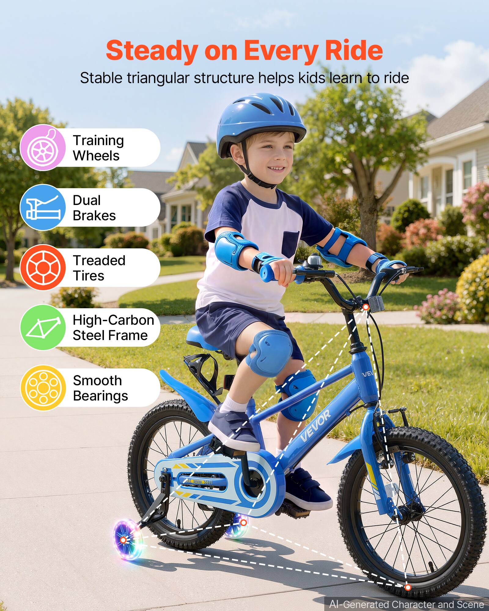 Steady on Every Ride  
Stable triangular structure helps kids learn to ride

- Training Wheels
- Dual Brakes
- Treaded Tires
- High-Carbon Steel Frame
- Smooth Bearings

VEVOR  
VEV  
SPORT 100

AI-Generated Character and Scene