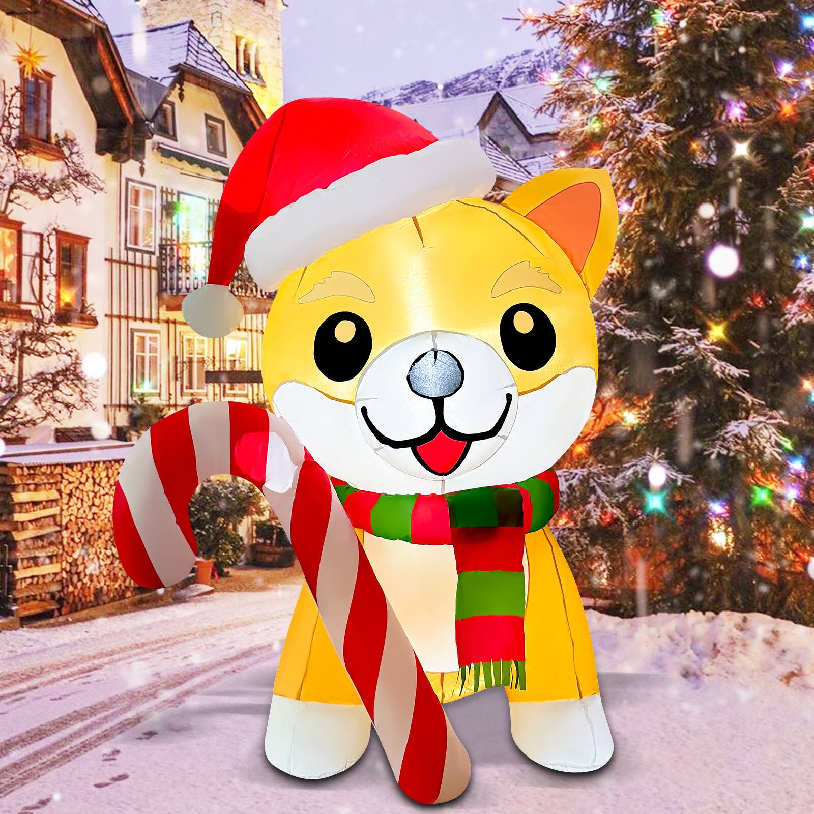 Left. GOOSH Inflatables - GOOSH 5.2FT Christmas Dog Inflatable with Candy Cane, Santa Hat, and LED Lights - Yellow.