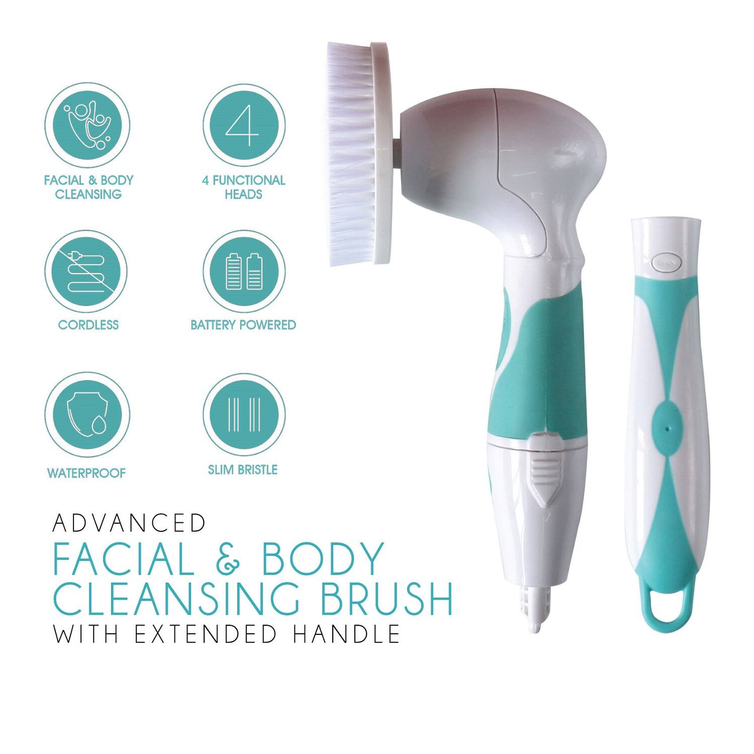 FACIAL & BODY CLEANSING, 4 FUNCTIONAL HEADS, CORDLESS, BATTERY POWERED, WATERPROOF, SLIM BRISTLE, ADVANCED FACIAL & BODY CLEANSING BRUSH WITH EXTENDED HANDLE
