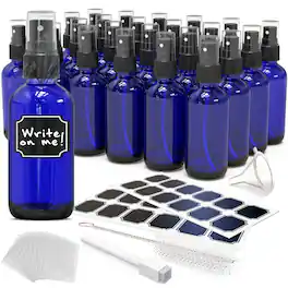 Nevlers - 4 Oz. Glass Spray Bottles with Funnel, Brush, Shrink Wrap, Marker and Labels (Pack of 24) - Blue