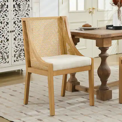 Front. GOODSILO - Rustic Solid Wood Dining Chairs with Linen Upholstery and Decorative Armrests for Kitchen or Living Room - Beige.