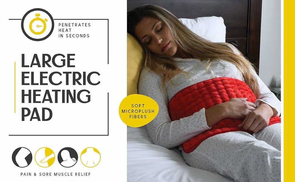 PENETRATES HEAT IN SECONDS

LARGE ELECTRIC HEATING PAD

SOFT MICROPLUSH FIBERS

PAIN & SORE MUSCLE RELIEF