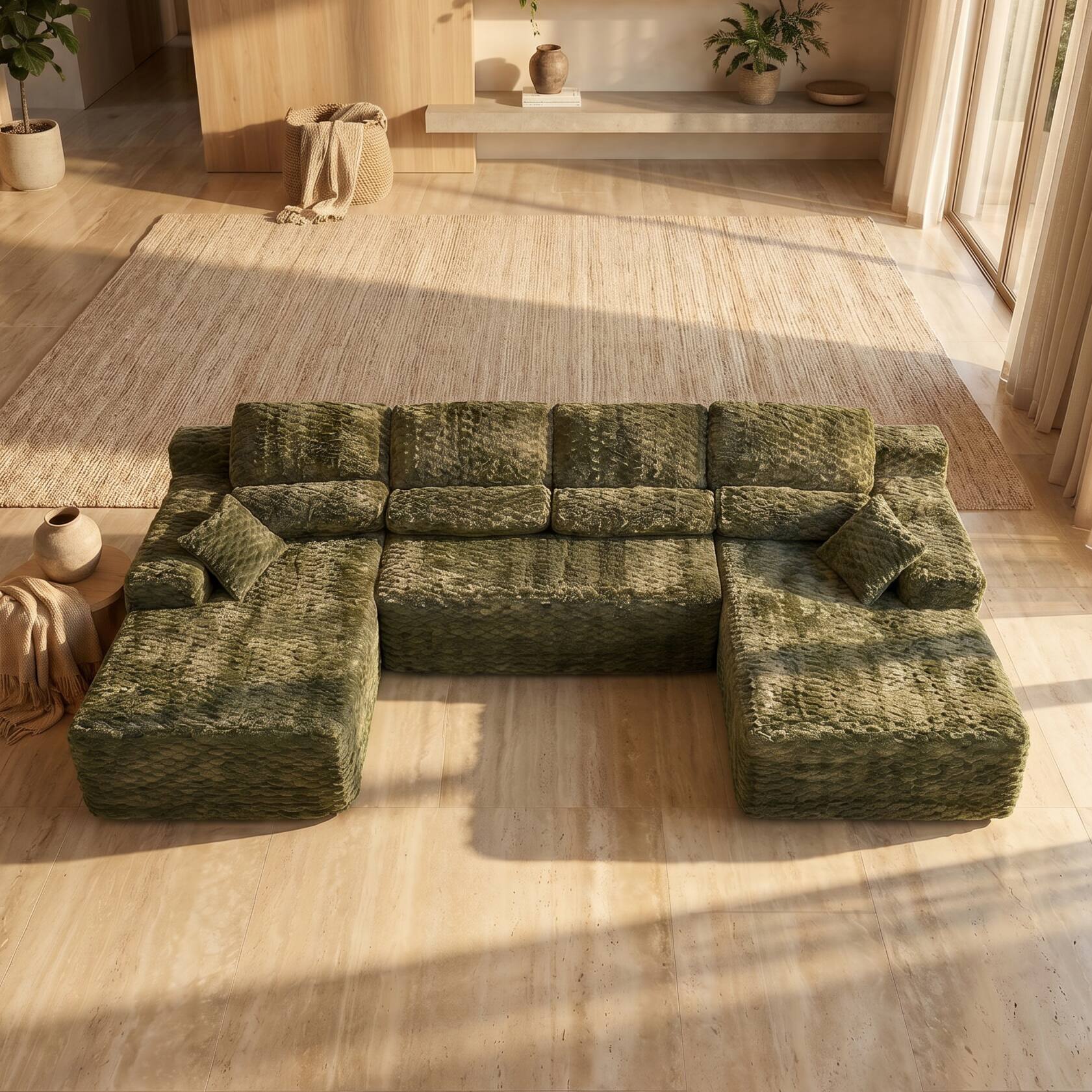 Alt View 4. Famapy - 135" Width Compressed Sectional Sofa No Assembly High-Density Foam, Pet-Friendly 3-Color Choice for Living Room - Dark Green.