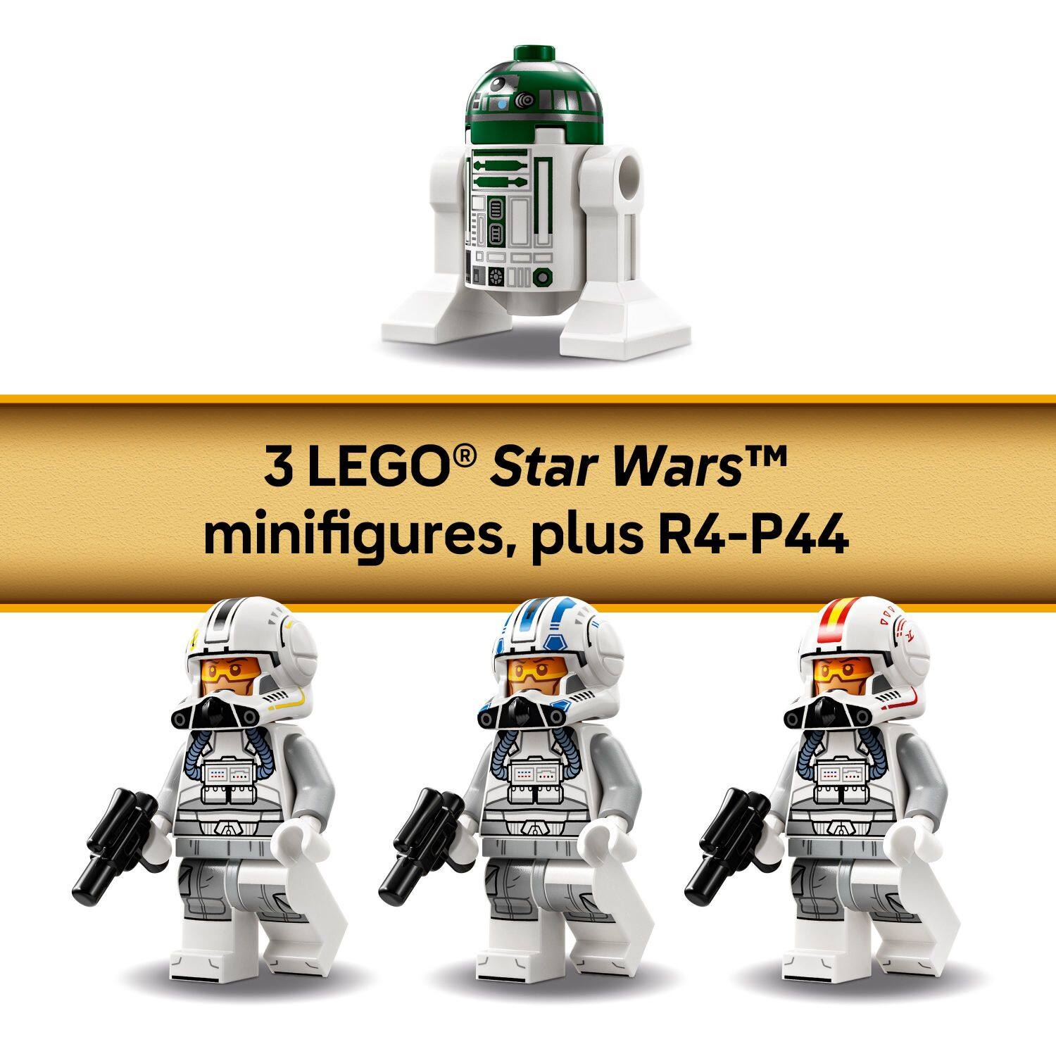The text on the image reads: "3 LEGO Star Wars minifigures, plus R4-P44."