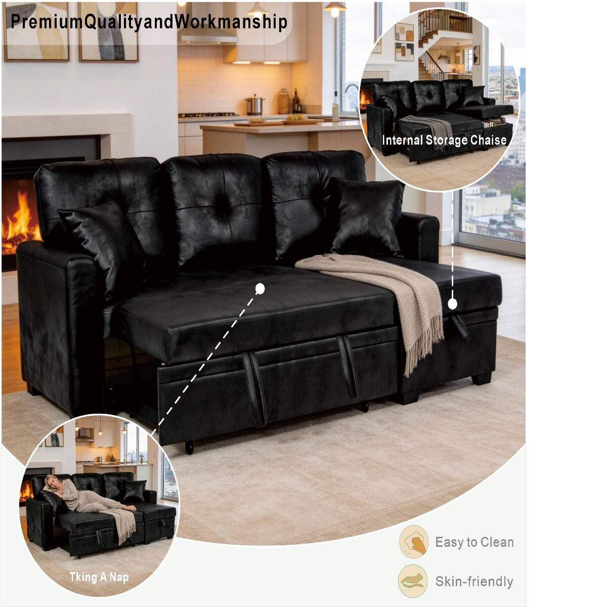 Ropilly Sectional Sleeper Sofa with Pull Out Bed, Reversible Chaise ...