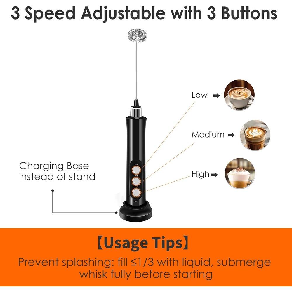 3 Speed Adjustable with 3 Buttons

Charging Base instead of stand

[Usage Tips]
Prevent splashing: fill ≤1/3 with liquid, submerge whisk fully before starting