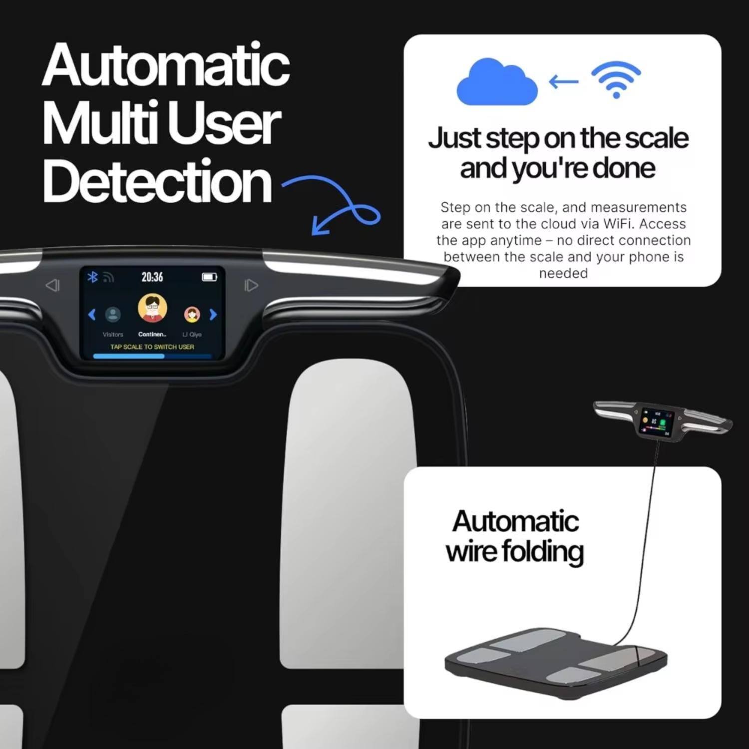 Automatic Multi User Detection

Just step on the scale and you're done

Step on the scale, and measurements are sent to the cloud via WiFi. Access the app anytime – no direct connection between the scale and your phone is needed.

Visitors Cantinen, U Ove

TAP SCALE TO SWITCH USER

Automatic wire folding