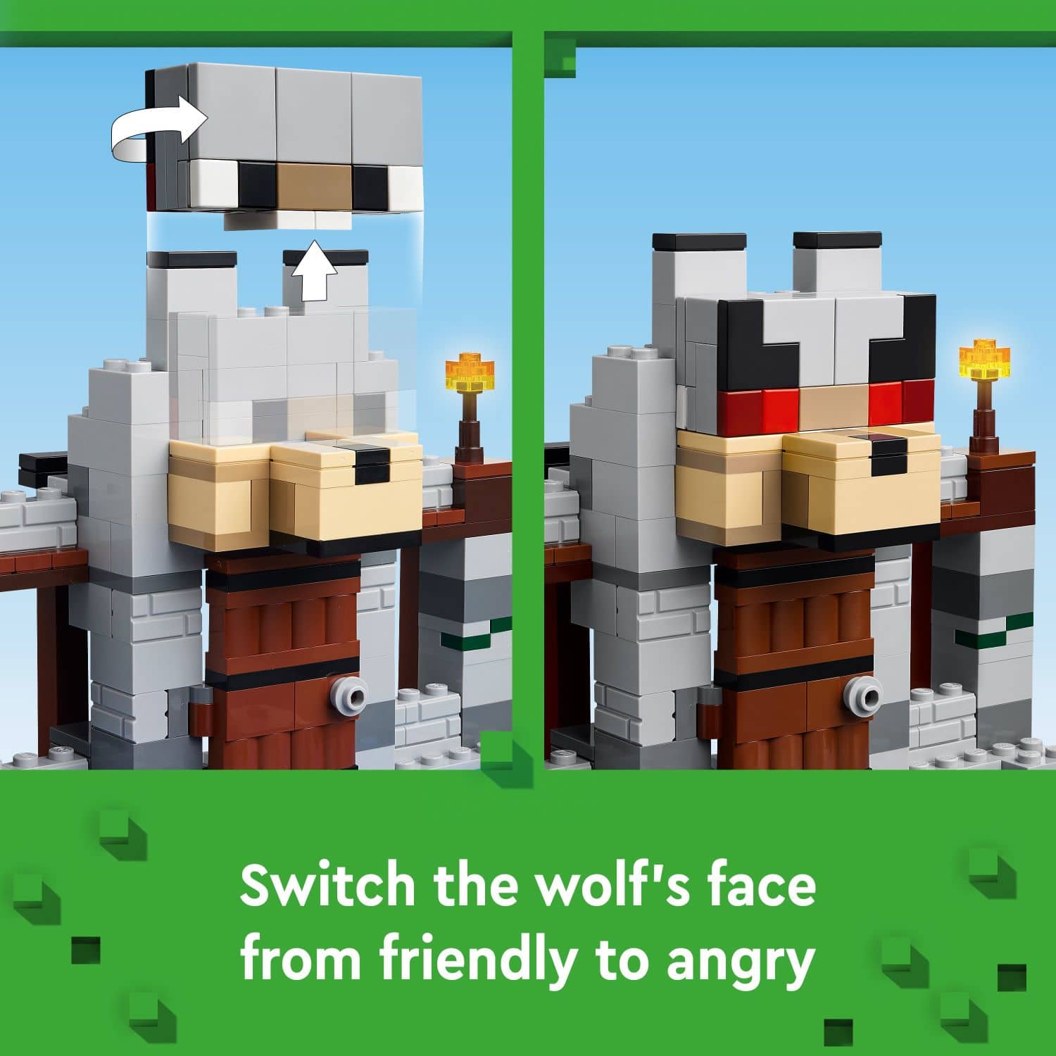 Switch the wolf's face from friendly to angry