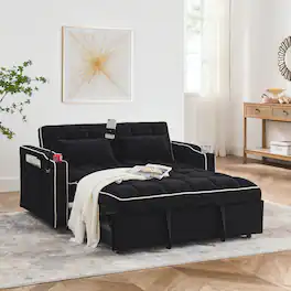 Tiramisubest - Modern Velvet Versatile Foldable Sofa Bed in 3 Lengths,Adjustable Back w/ USB Port,Ashtray & Swivel Phone Stand - Black