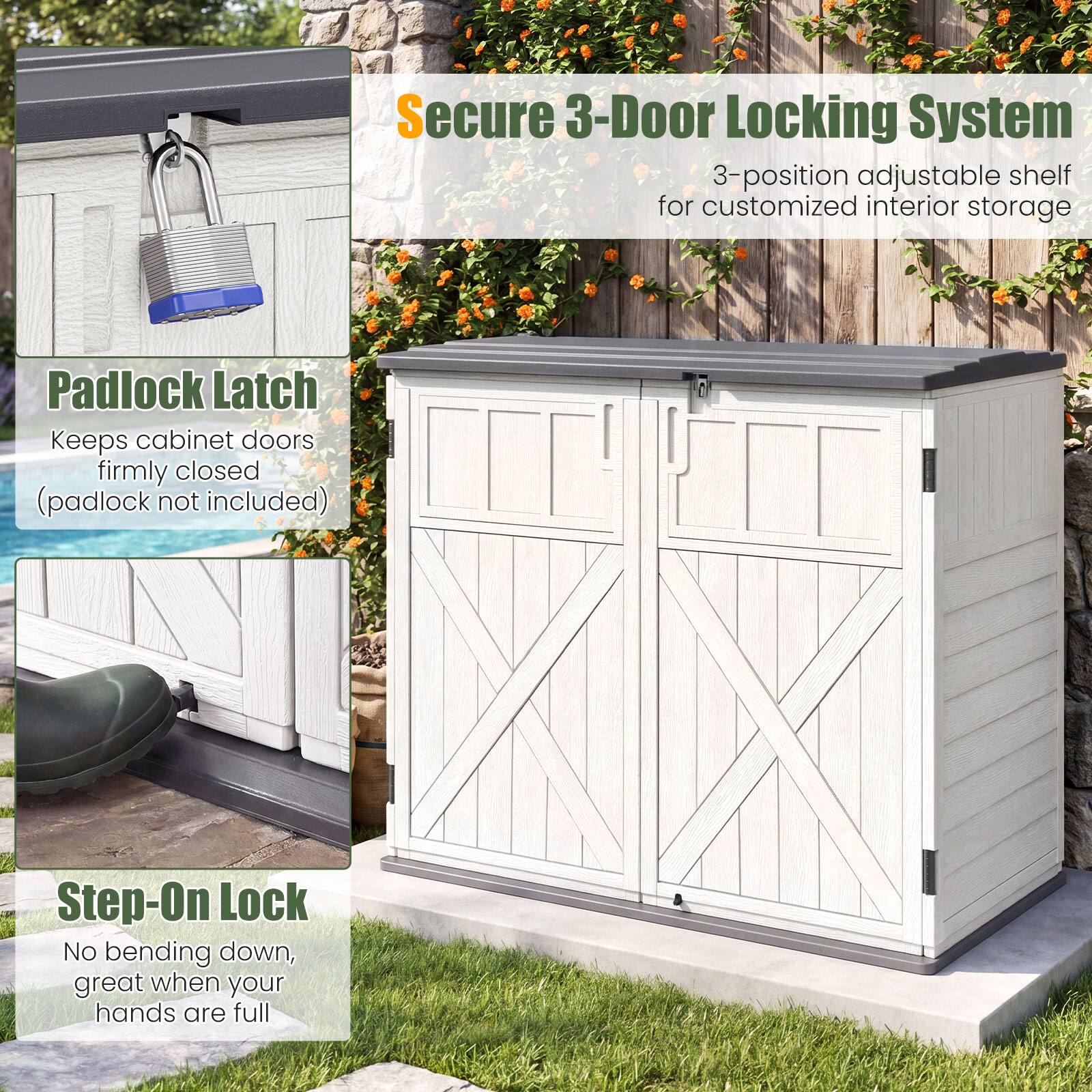 Secure 3-Door Locking System  
3-position adjustable shelf for customized interior storage  

Padlock Latch  
Keeps cabinet doors firmly closed (padlock not included)  

Step-On Lock  
No bending down, great when your hands are full