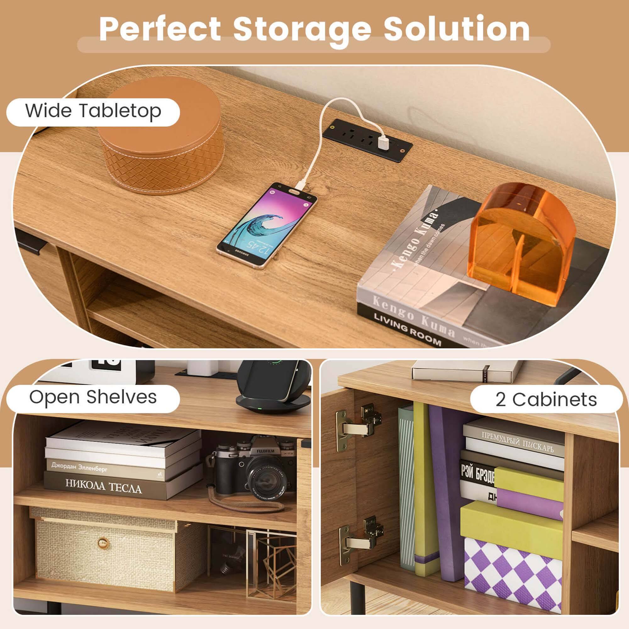 Perfect Storage Solution:

* Wide Tabletop: 1245
* Open Shelves: 2
* Cabinets: 2