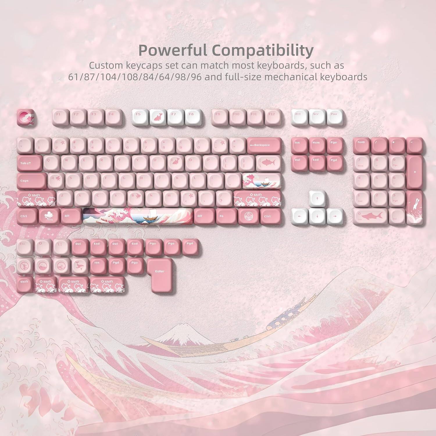 Powerful Compatibility  
Custom keycaps set can match most keyboards, such as 61/87/104/108/84/64/98/96 and full-size mechanical keyboards