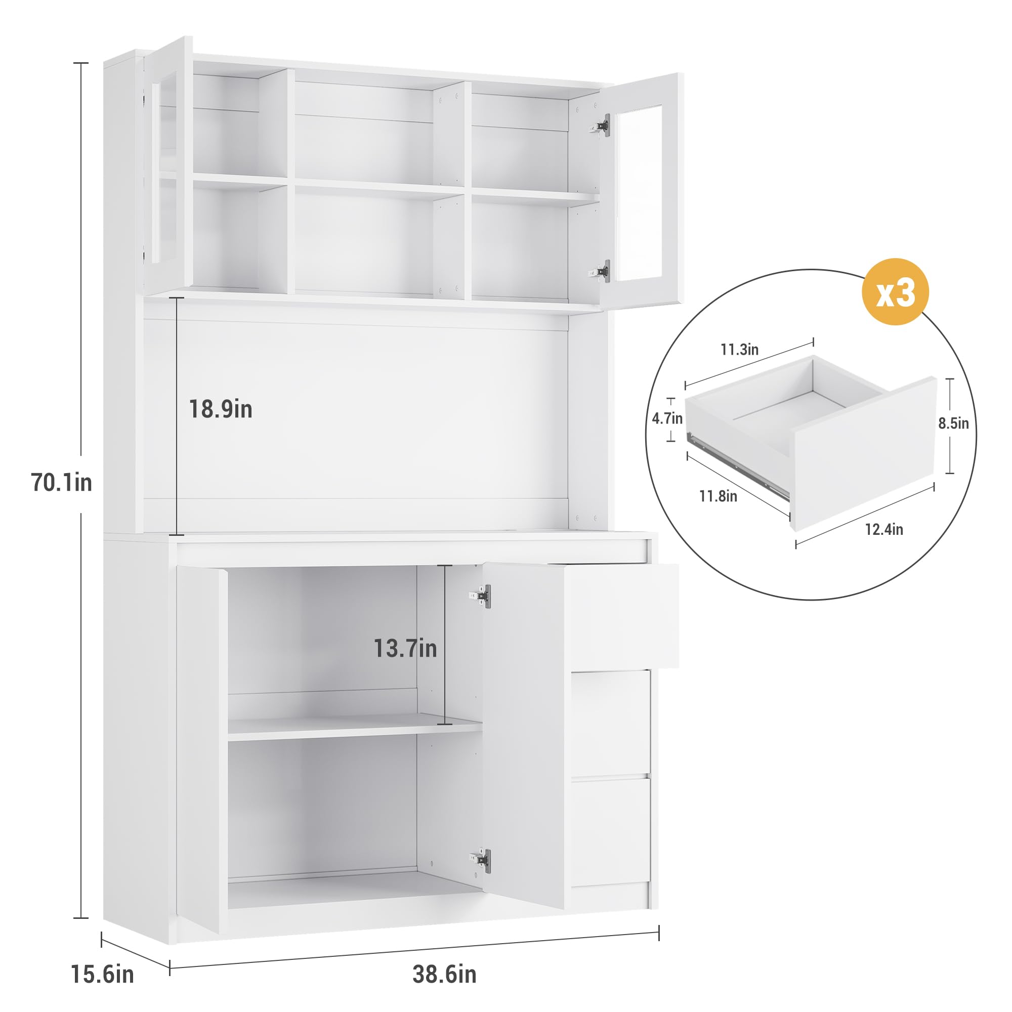 - Height: 70.1in
- Width: 38.6in
- Depth: 15.6in
- Top shelf height: 18.9in
- Middle shelf height: 13.7in
- Bottom shelf height: 11.8in
- Drawer height: 4.7in
- Drawer width: 11.3in
- Drawer depth: 12.4in
- Small compartment height: 8.5in
- Small compartment width: 11.3in
- Small compartment depth: 12.4in
- Small compartment (x3)