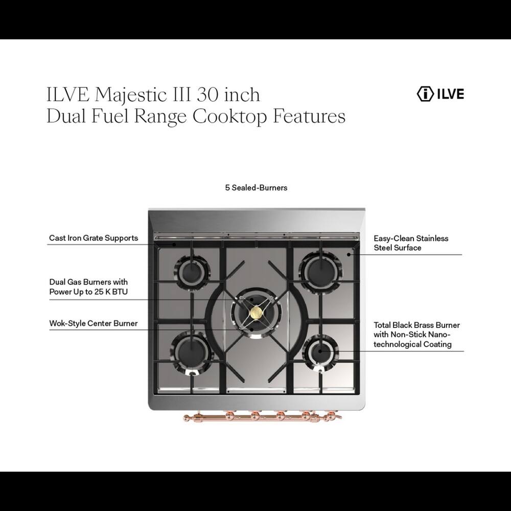 ILVE Majestic III 30 inch Dual Fuel Range Cooktop Features

- 5 Sealed-Burners
- Cast Iron Grate Supports
- Easy-Clean Stainless Steel Surface
- Dual Gas Burners with Power Up to 25 K BTU
- Wok-Style Center Burner
- Total Black Brass Burner with Non-Stick Nano-technological Coating