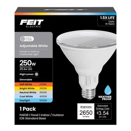 FEIT ELECTRIC
1.5X LIFE
Lasts 15 Years
Switch on Bulb
Adjustable White
Preset on Bulb to Customize Light
250w Replacement
29.4w LED
High Lumen
Dimmable
Soft White 2700K
Bright White 3000K
Neutral White 3500K
Cool White 4000K
Daylight 5000K
WEATHER PROOF
1 Pack
PAR38 | Flood | Indoor / Outdoor
E26 Standard Base
Brightness
2650 lumens
Estimated Energy Cost
$3.54 per year