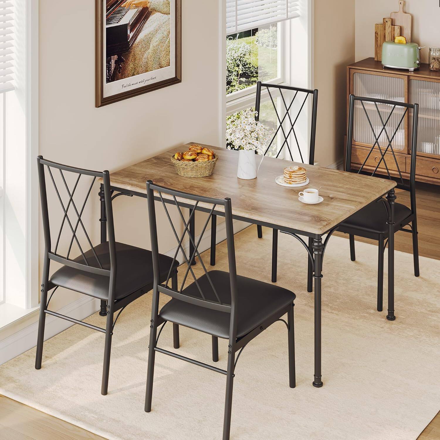 Front. Qeetex - 5-Piece Rustic Dining Set for 4, Compact Kitchen Table & Upholstered Chairs for Small Spaces, Apartments & Studios - Wood Grain.