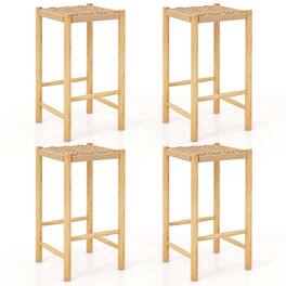 Costway - 26" Dining Bar Stool Set of 4 Counter Height with Rubber Wood Woven Saddle Seat - Natural