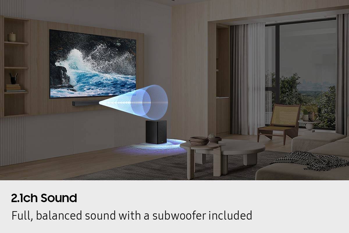 The text on the image reads: "2.1ch Sound Full, balanced sound with a subwoofer included."