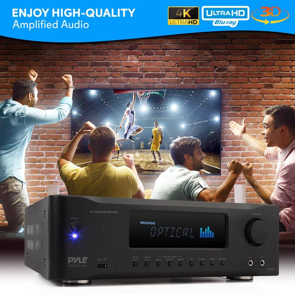 ENJOY HIGH-QUALITY  
Amplified Audio  

4K ULTRA HD  
ULTRAHD Blu-ray  
3D  

AV SURROUND RECEIVER  
PROLOGIC  
OPTICAL  

PYLE  
PyleUSA.com  

4K ULTRAHD  
ULTRAHD Blu-ray  
3D