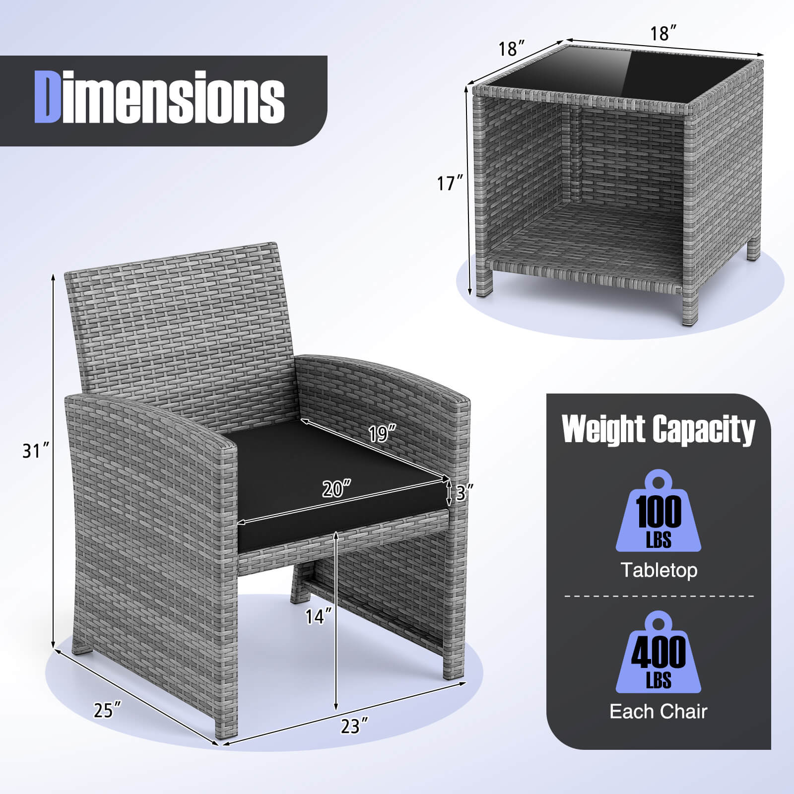 Dimensions: 18", 18", 17", 31", 19", 20", 3", 25", 14", 23"

Weight Capacity: 100 LBS Tabletop, 400 LBS Each Chair
