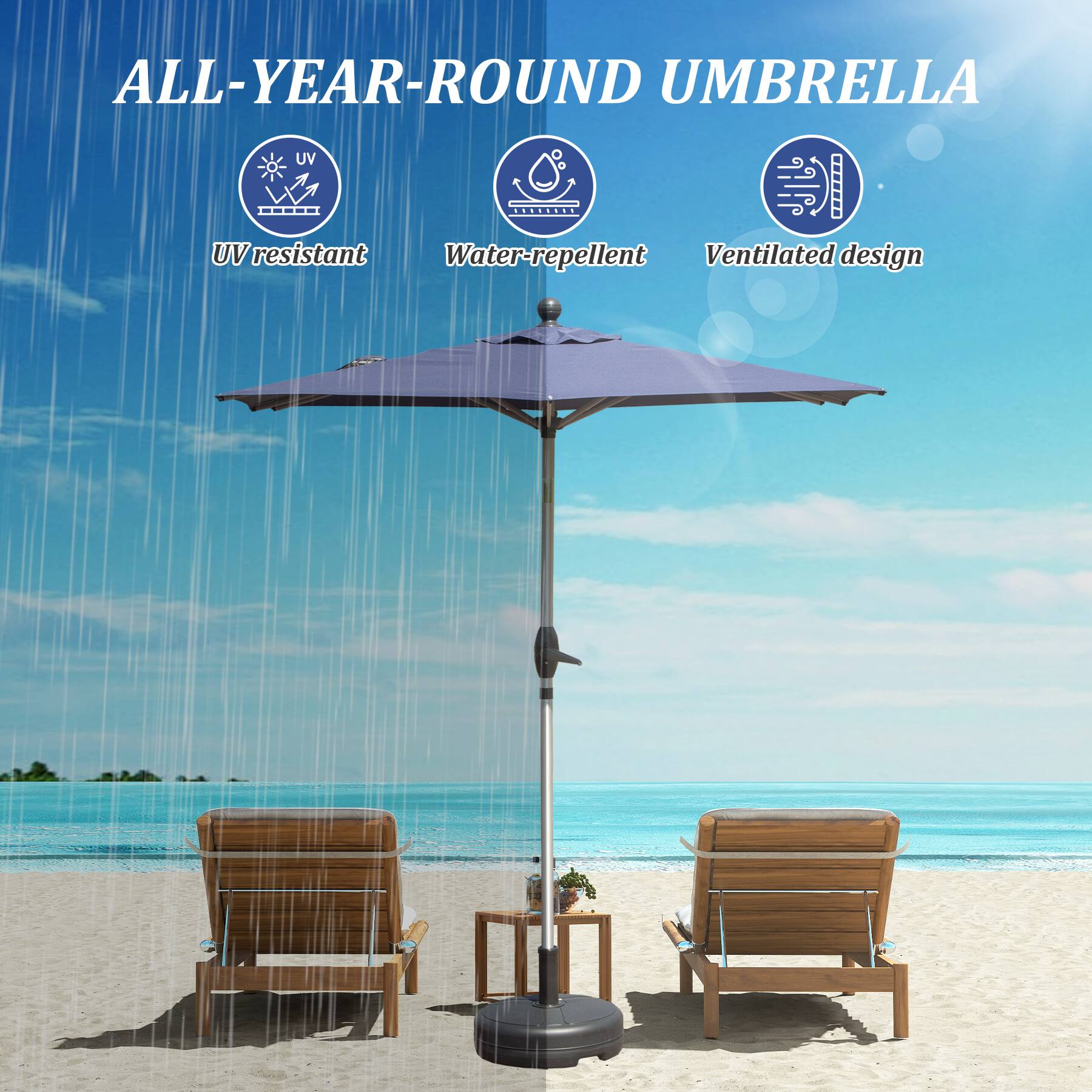 ALL-YEAR-ROUND UMBRELLA

- UV resistant
- Water-repellent
- Ventilated design