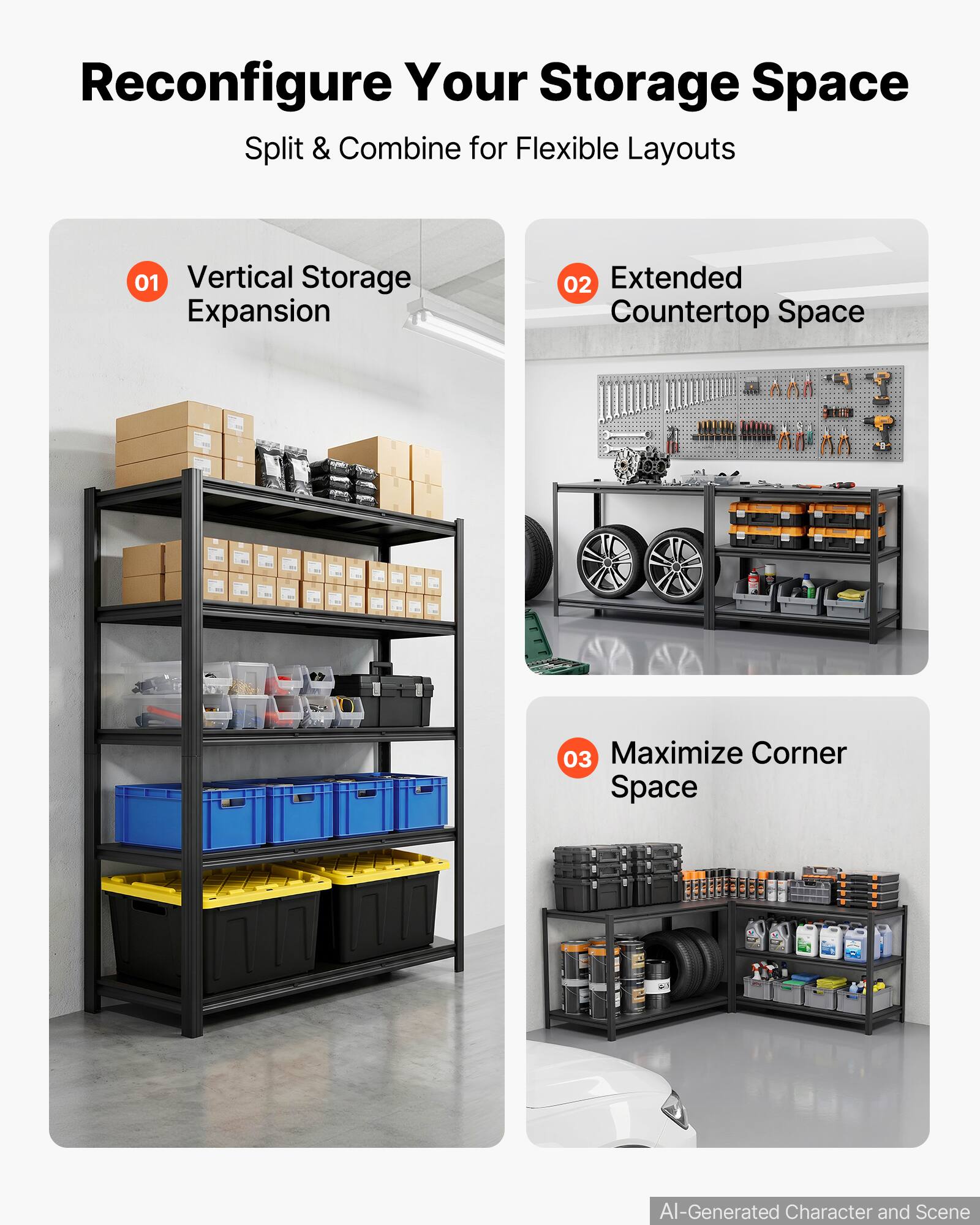 Reconfigure Your Storage Space  
Split & Combine for Flexible Layouts  

01 Vertical Storage Expansion  
02 Extended Countertop Space  
03 Maximize Corner Space  

AI-Generated Character and Scene