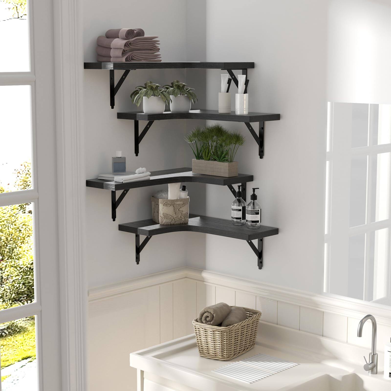 Alt View 2. Dazzed Corner - Corner Floating Shelves Wall Mounted Set of 4 - Black.