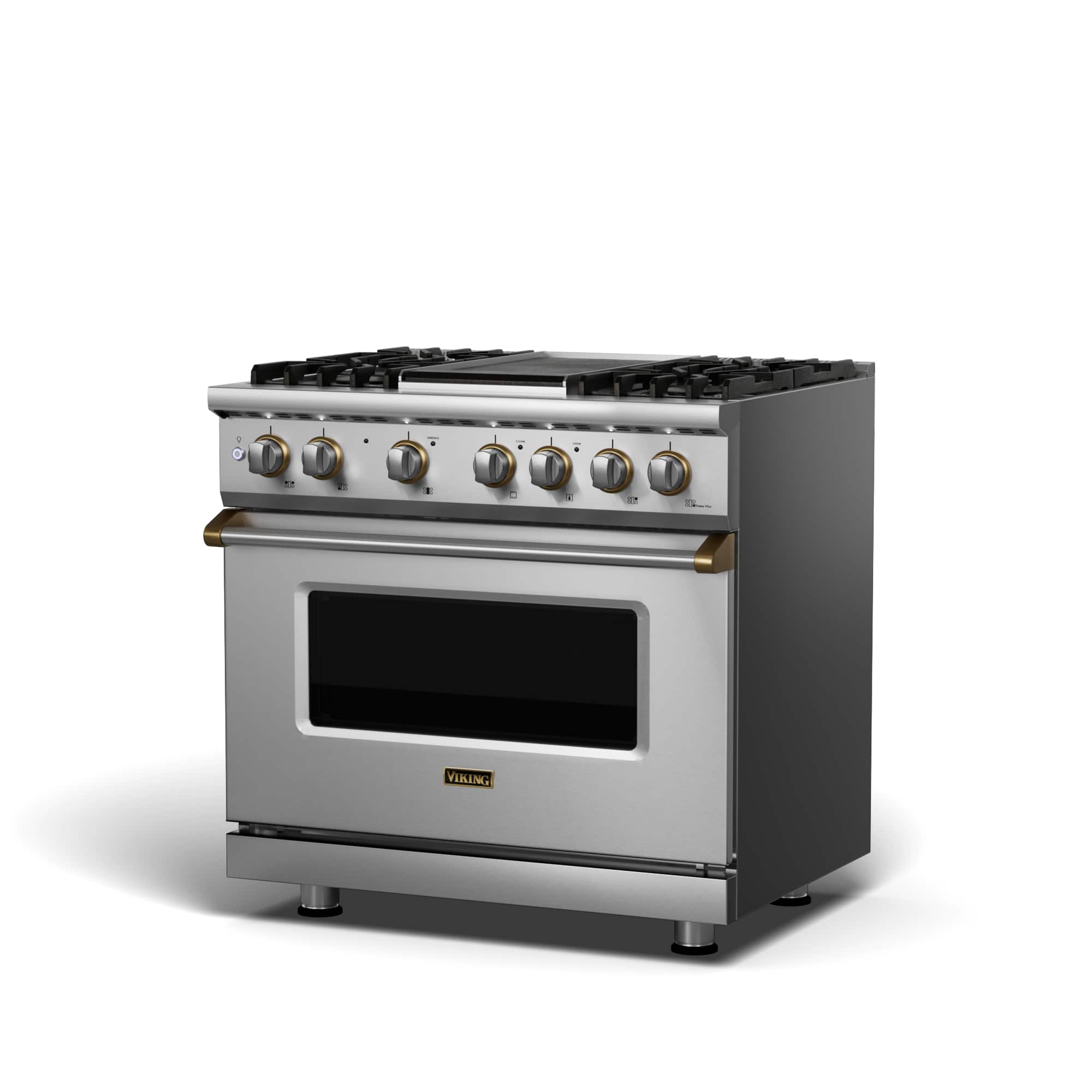 Angle. Viking - 5-Series 5.6 Cu. Ft. Self-Cleaning Freestanding Dual Fuel Convection Range - Stainless with Brushed Brass Accents.