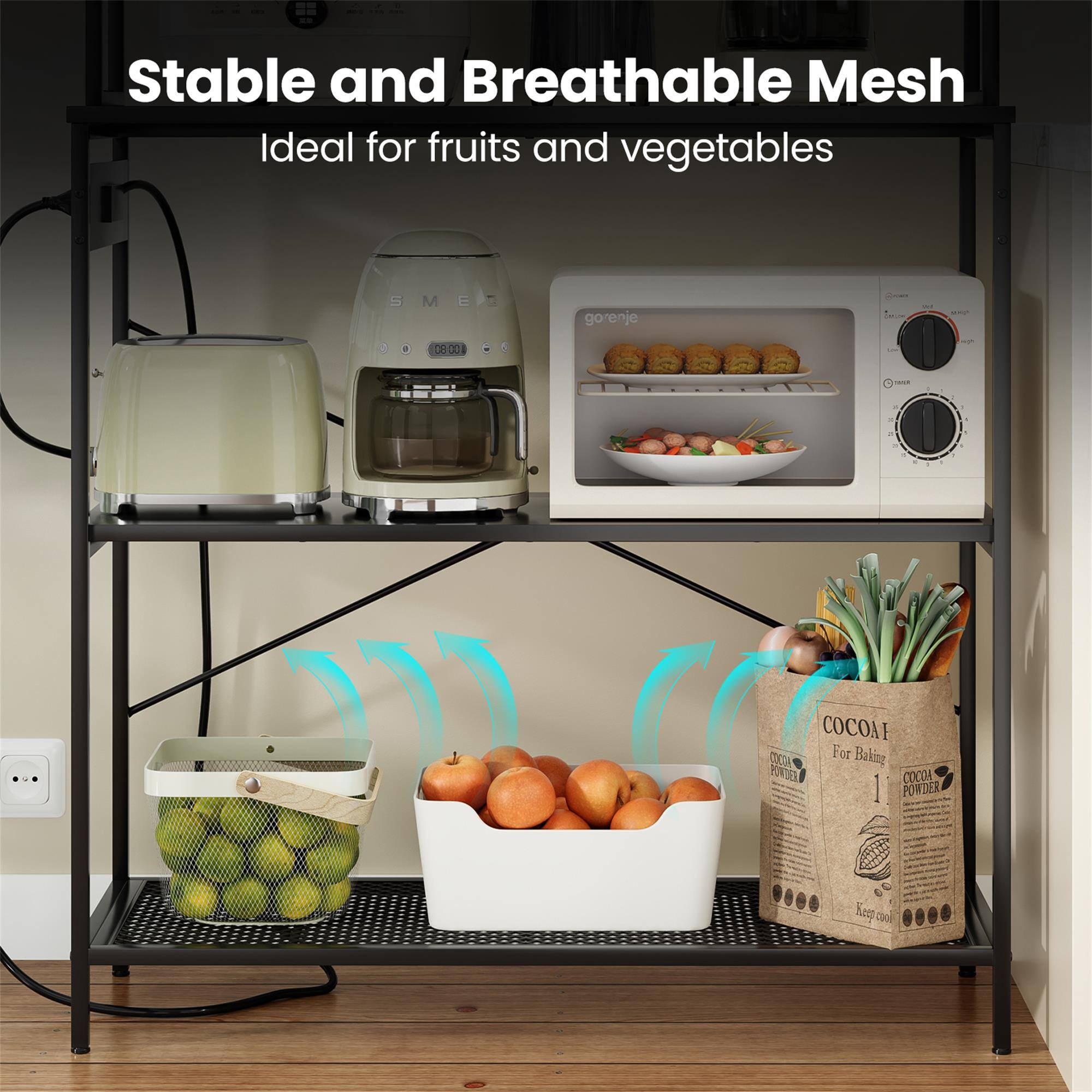 Stable and Breathable Mesh  
Ideal for fruits and vegetables  

SMEE  
gorenje  

TOTAL  

COCOA!  
For Baking POWDER  
COCOA POWDER  
Keep cool
