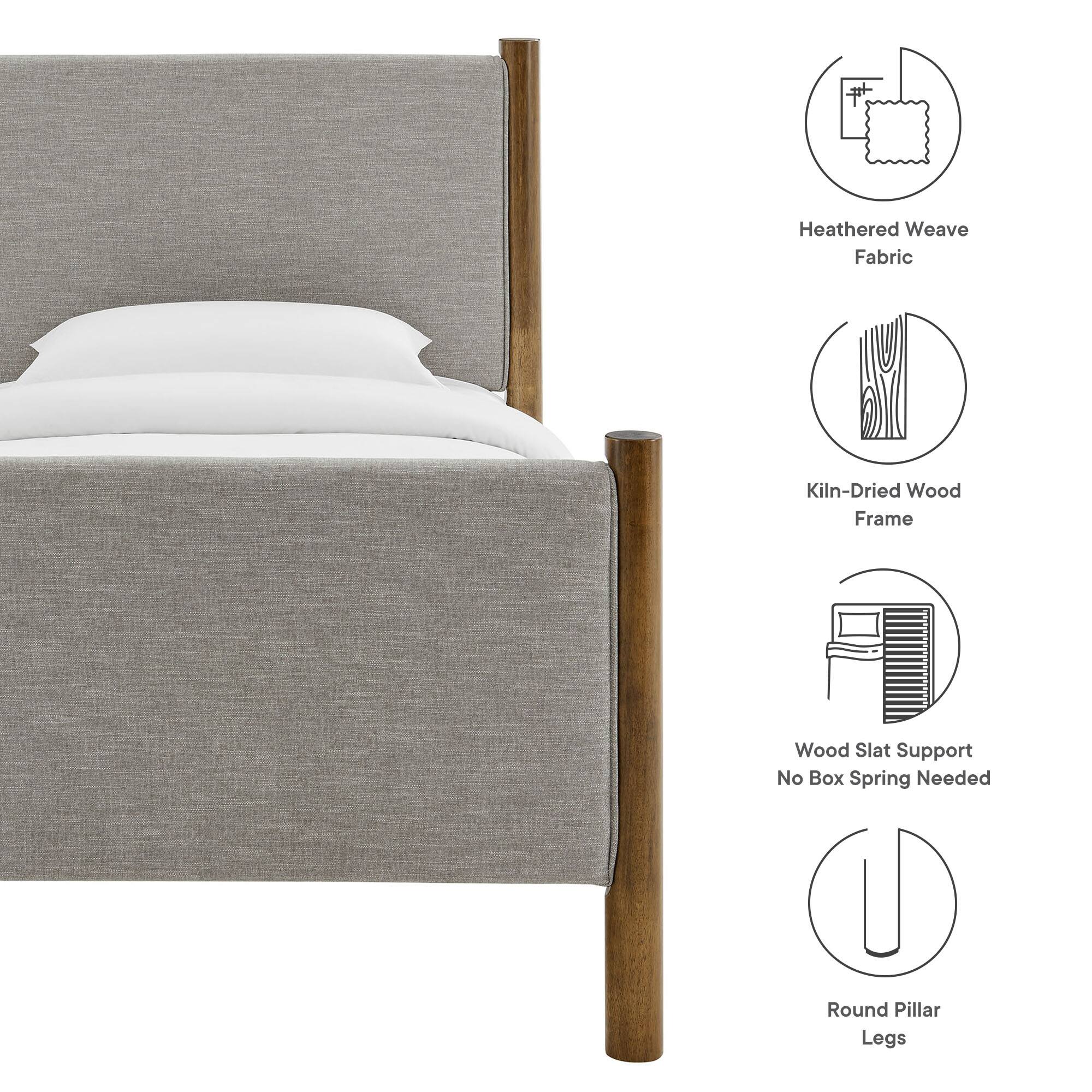 - Heathered Weave Fabric
- Kiln-Dried Wood Frame
- Wood Slat Support
- No Box Spring Needed
- Round Pillar Legs