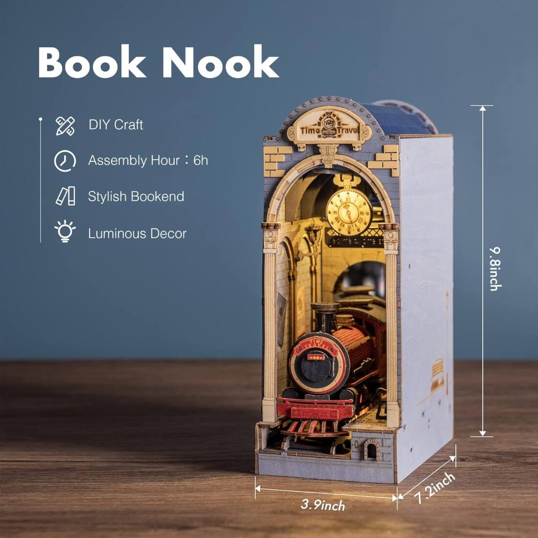 Book Nook DIY Craft  
Assembly Hour: 6h  
Stylish Bookend  
Luminous Decor  

* 9.8inch  
* 7.2inch  
* 3.9inch