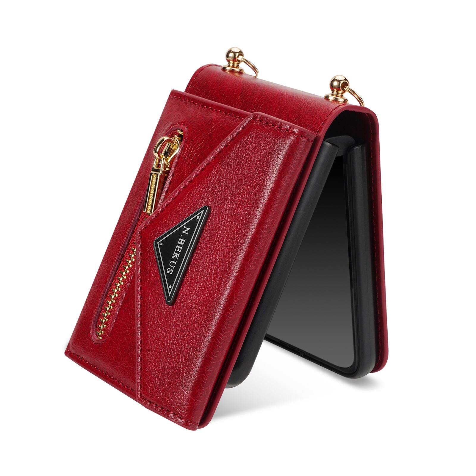 Left. Dteck - Crossbody Strap Case for Samsung Galaxy Z Flip8, Zipper Wallet Card Pocket Shockproof PU Leather Cover - Red.