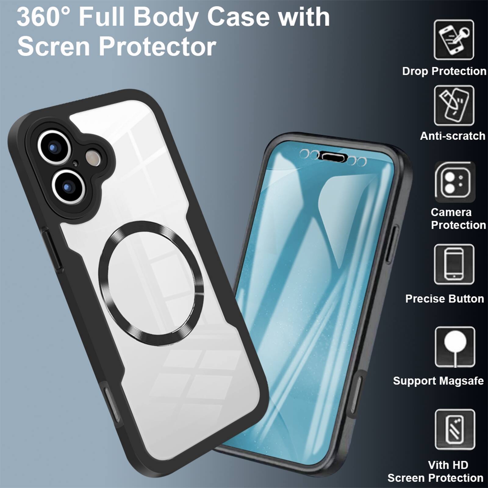 360° Full Body Case with Screen Protector

- Drop Protection
- Anti-scratch
- Camera Protection
- Precise Button
- Support MagSafe
- With HD Screen Protection