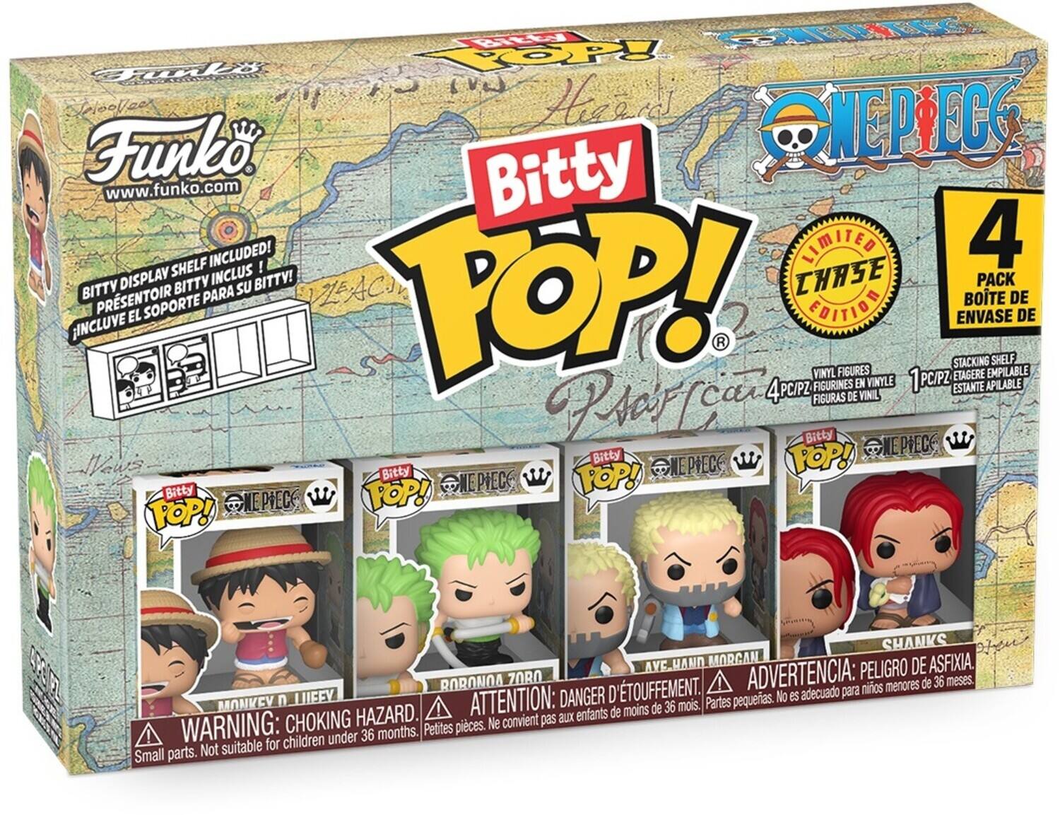 Sure, here is the corrected and grouped text from the image:

---

**Front:**
- Funko
- www.funko.com
- Bitty POP!
- ONE PIECE
- Bitty Display Shelf Included! / Incluye el soporte para su Bitty! / Presentoir Bitty inclus!
- Limited Chase Edition
- 4 Pack / Boite de 4 / 4 Pc/Pz
- Vinyl Figures / Figurines en Vinyle / Figuras de Vinil
- 1 Pc/Pz
- Stacking Shelf / Etagerie Empilable / Estante Apilable
- Monkey D. Luffy
- Roronoa Zoro
- Ace Morgan
- Shanks

**Warnings:**
- WARNING: CHOKING HAZARD. Small parts. Not suitable for children under 36 months.
- ATTENTION: DANGER D'ÉTOUFFEMENT. Petites pièces. Ne convient pas aux enfants de moins de 36 mois.
- ADVERTENCIA: PELIGRO DE ASFIXIA. Partes pequeñas. No es adecuado para niños menores de 36 meses.

**Side:**
- Bitty POP!
-
