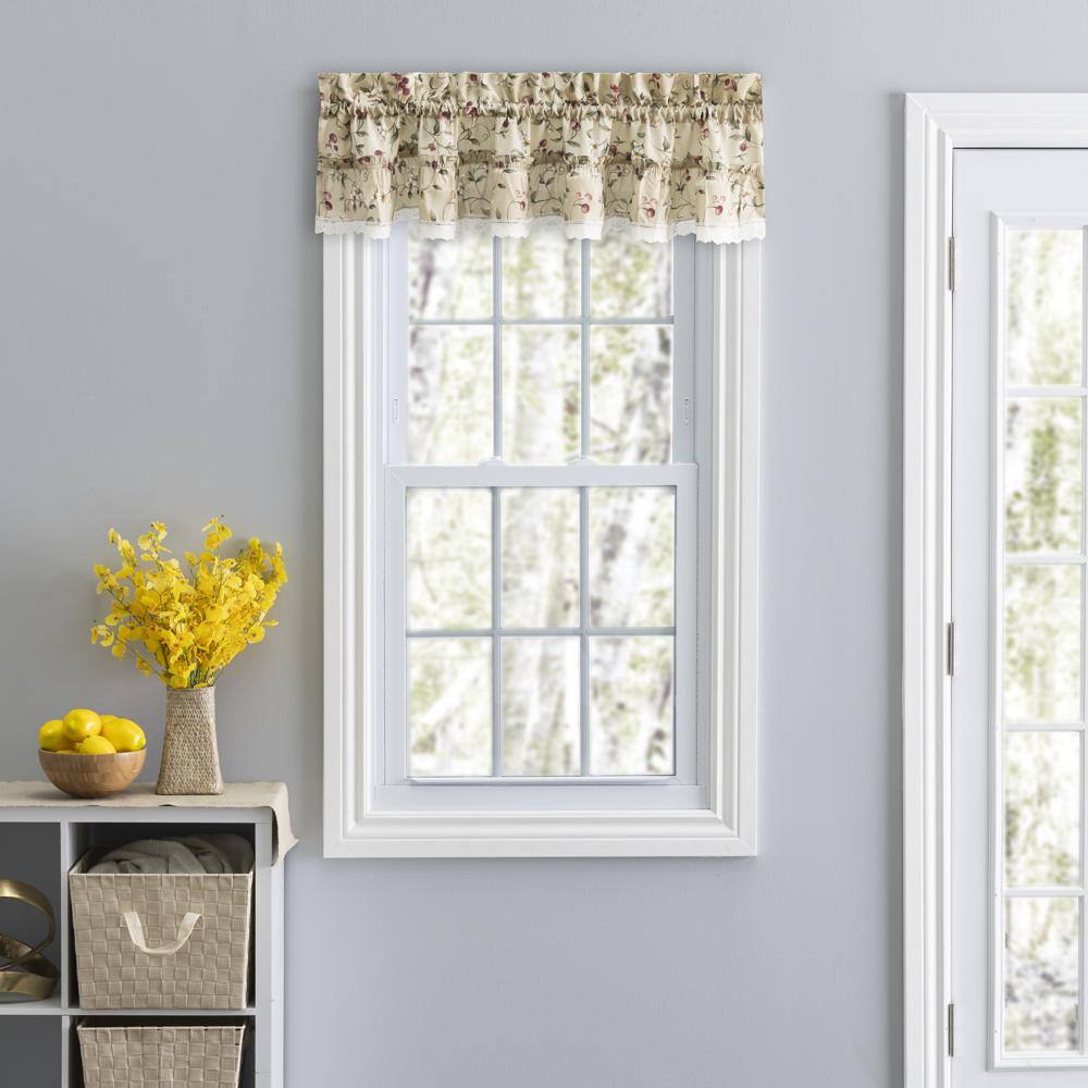 Angle. Ellis Curtain - Ellis Curtain Cherries Ruffled 1.5" Rod Pocket Valance for Windows 52" x 12" Natural - Natural.