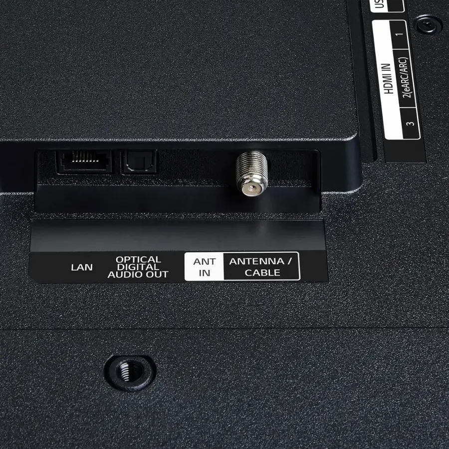 The text on the image is grouped as follows:

1. US 1 IN HDMI 2 (eARC/ARC) 3 OPTICAL LAN DIGITAL AUDIO OUT ANT ANTENNA/IN CABLE