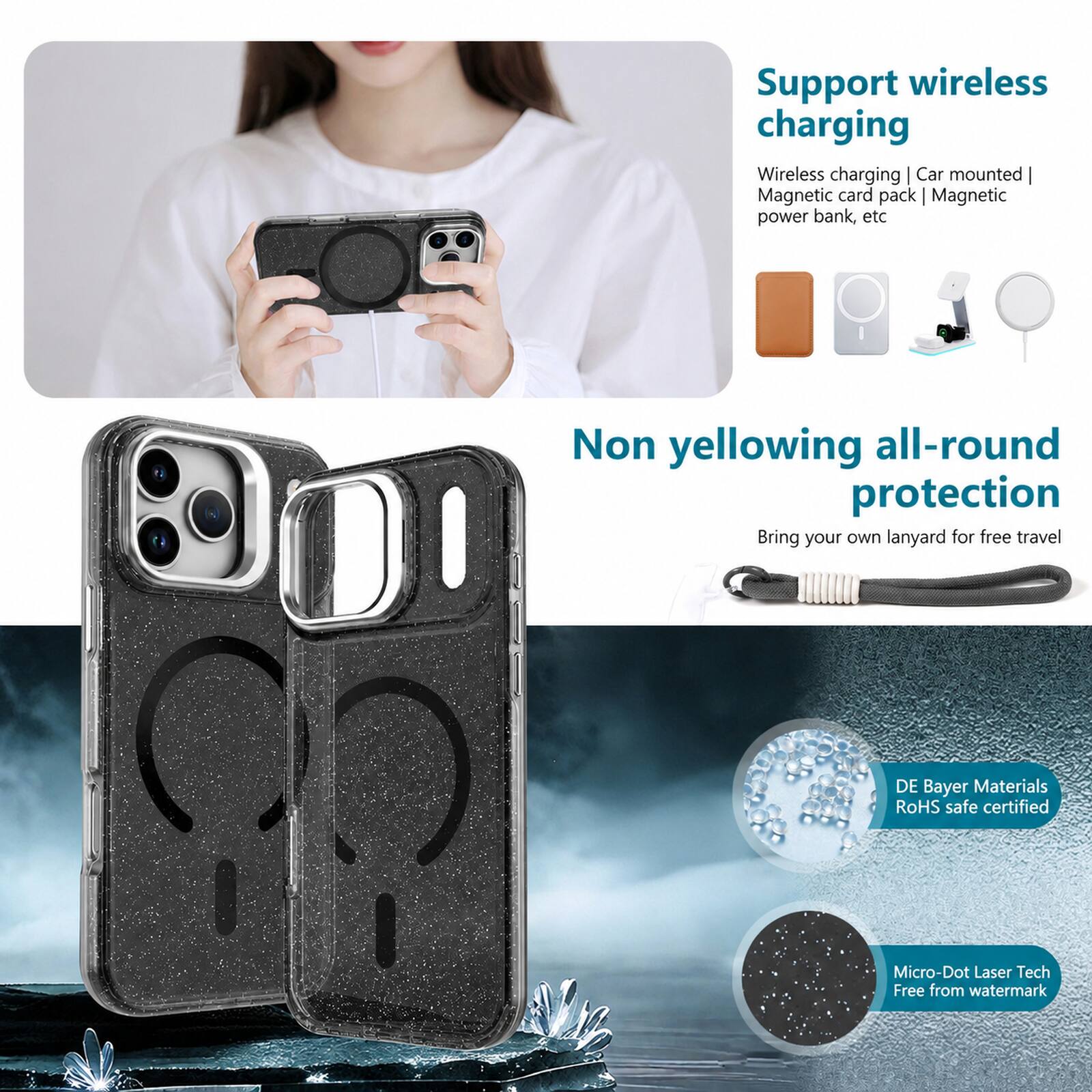 Support wireless charging  
Wireless charging | Car mounted | Magnetic card pack | Magnetic power bank, etc  

Non yellowing all-round protection  
Bring your own lanyard for free travel  

DE Bayer Materials RoHS safe certified  

Micro-Dot Laser Tech  
Free from watermark