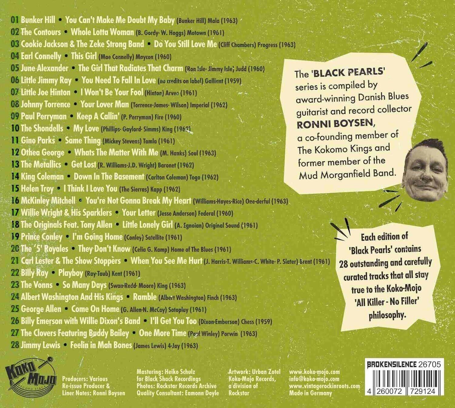 Sure, here is the corrected and grouped text:

---

**Track List:**

1. Bunker Hill - You Can't Make Me Doubt My Baby (Bunker Hill) (1960)
2. The Contours - Whole Lotta Woman (B. Gordy-W. Hogg) Motown (1961)
3. Cookie Jackson & The Zeke Strong Band - Do You Still Love Me (Chilton) (1961)
4. Earl Connelly - This Girl (Mae Connelly) Mayon (1960)
5. June Alexander - The Girl That Radiates That Charm (Ron Isle-Jimmy Lee) (1961)
6. Little Jimmy Ray - You Need To Fall In Love (no credits on label) Gallium (1959)
7. Little Joe Hinton - I Won't Be Your Fool (Hinton) Arvee (1961)
8. Johnny Torrence - Your Lover Man (Torrence-James Wilson) Imperial (1962)
9. Paul Perryman - Keep A Callin' (P. Perryman) Fire (1960)
10. The Shondells - My Love (Phill